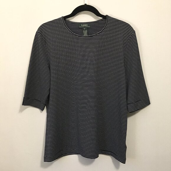 Lauren Ralph Lauren Navy Blue and White Pinstripe Sporty Half Sleeve Tee - Picture 1 of 15